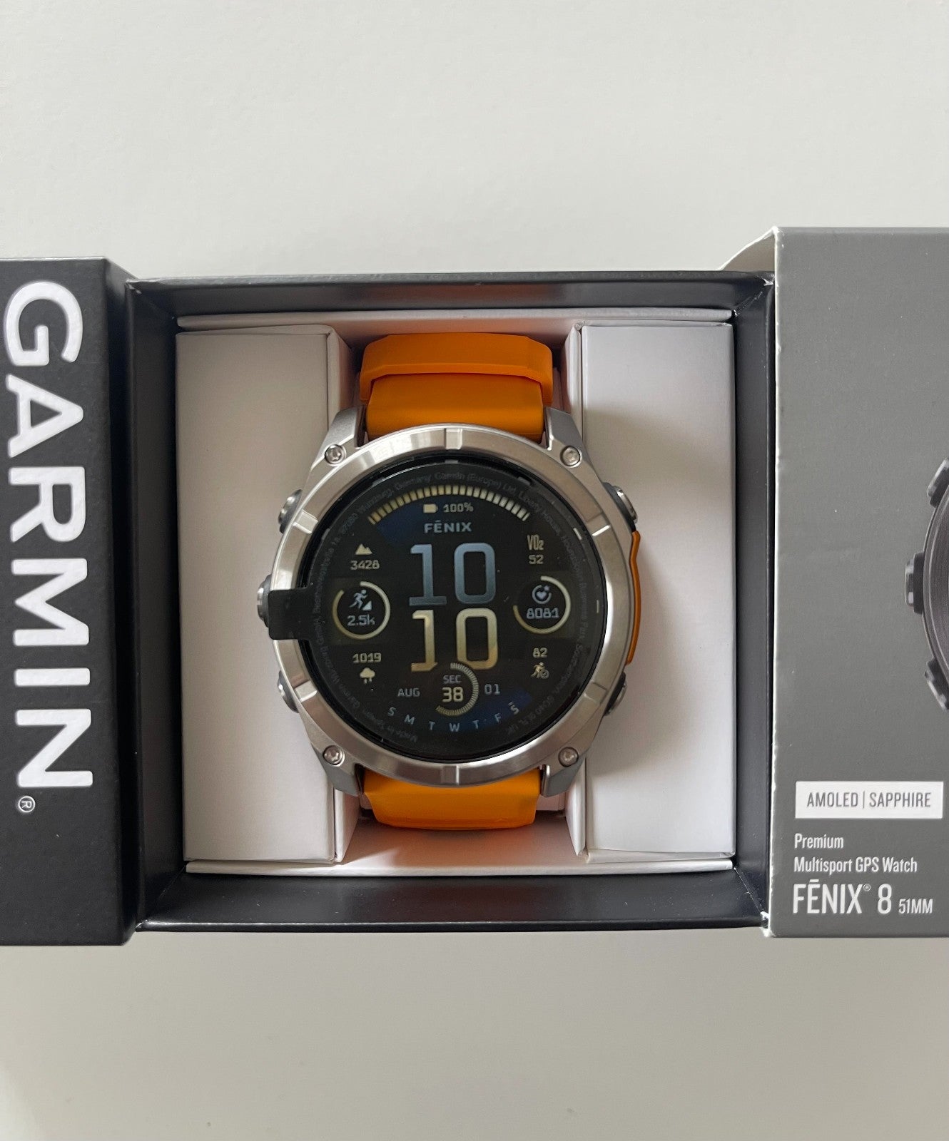New Garmin fenix 8 AMOLED Sapphire GPS Smartwatch 51mm Titanium Spark Orange